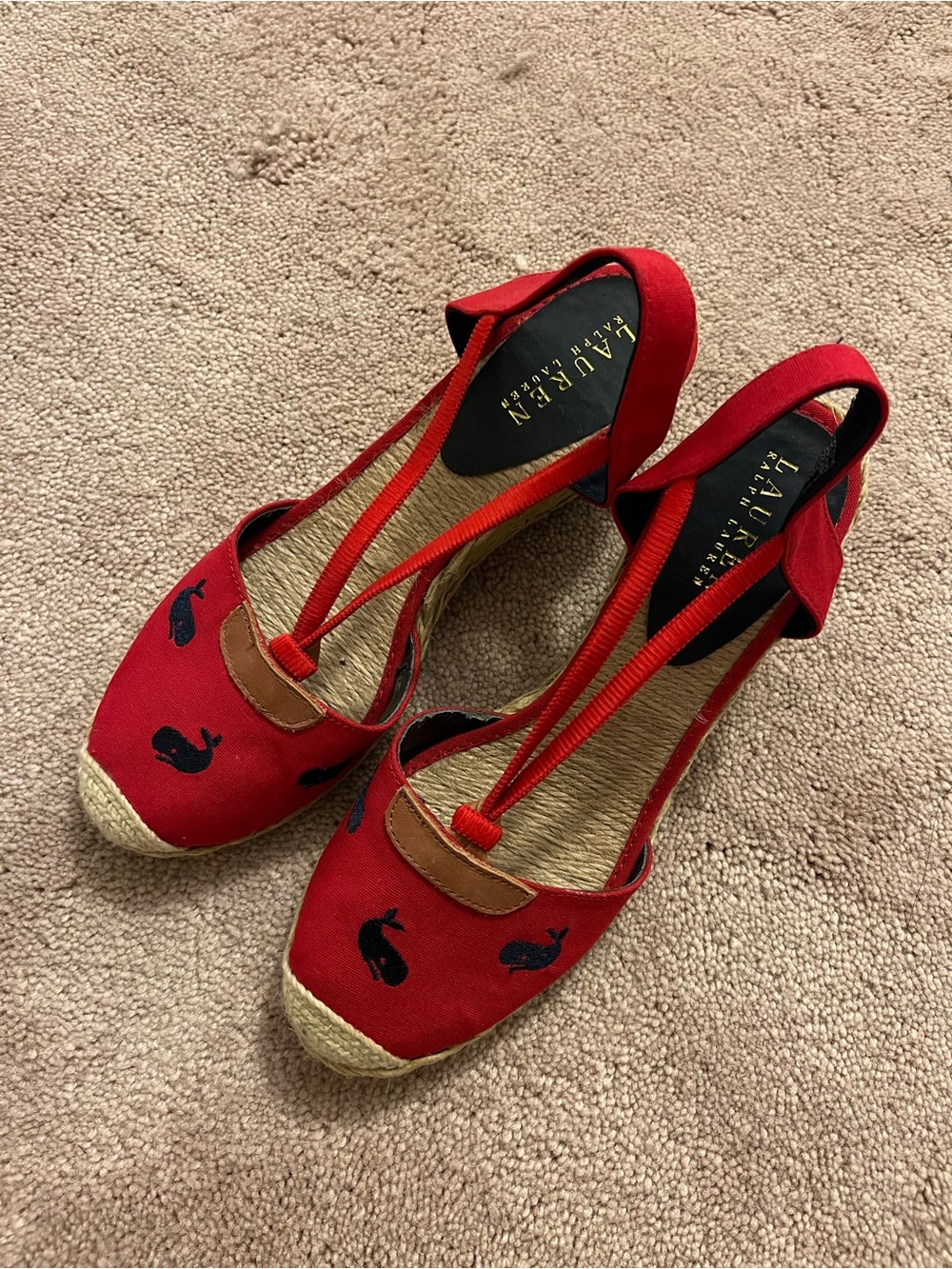 Ralph Lauren Red Espadrille Wedges with Navy Whale Embroidery